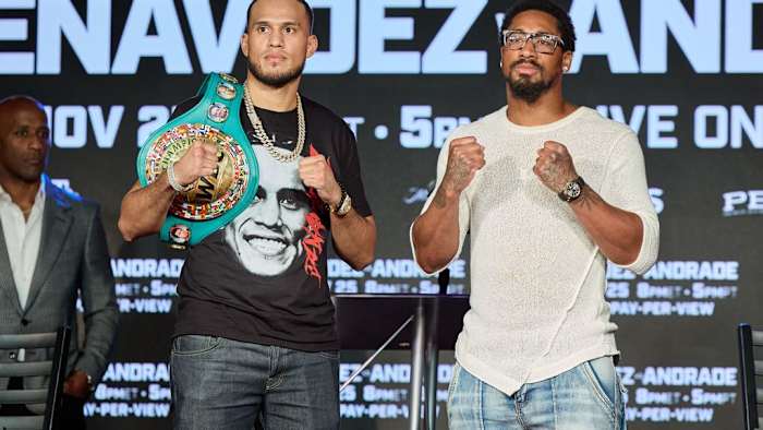 Demetrius Andrade and David Benavidez in a press conference. The two of the best super middleweights in the world are set to clash on November 25, 2023 in Providence, Rhode Island. ESTHER LIN/SHOWTIME. 